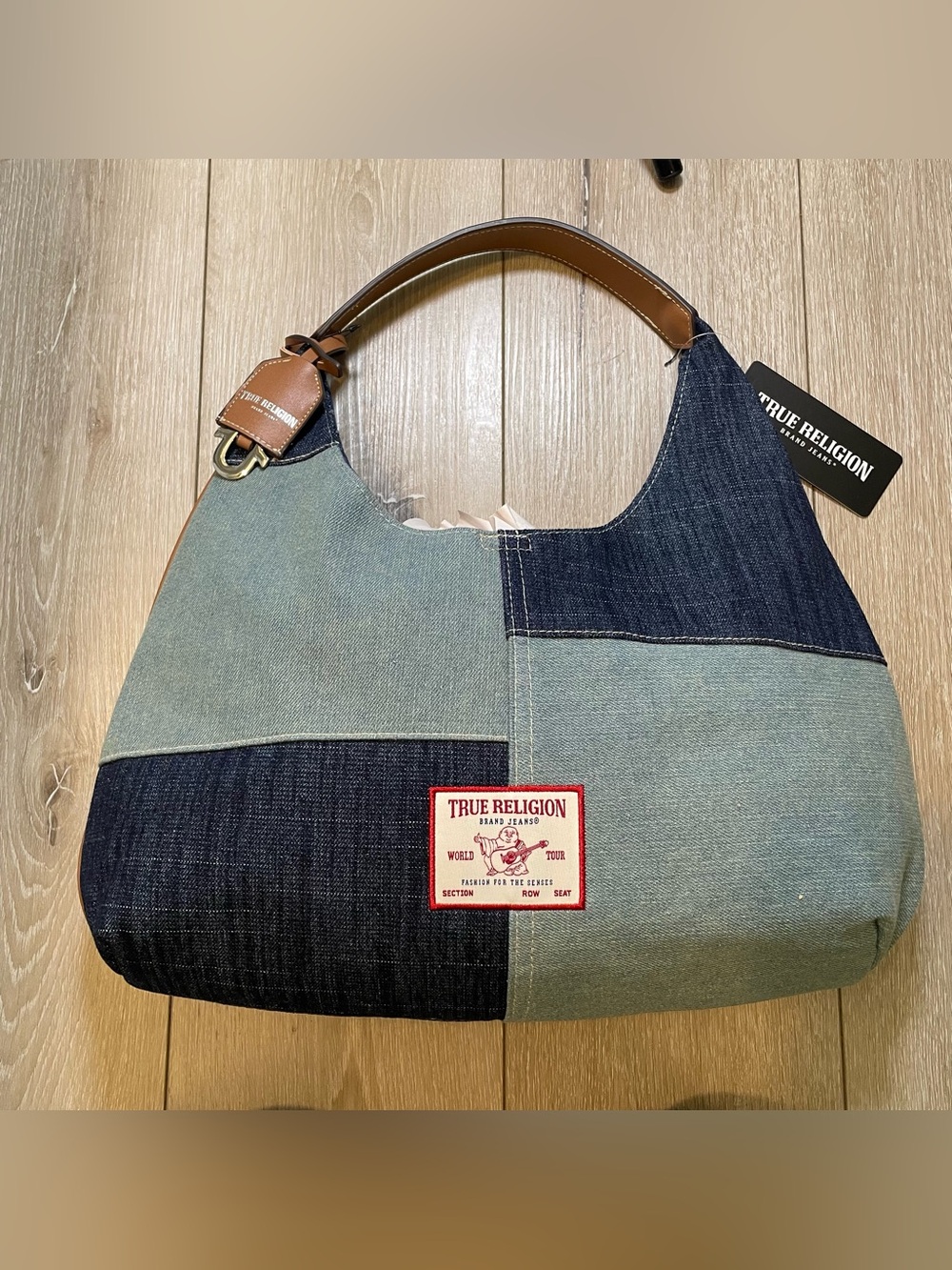 True Religion Denim Patchwork Hobo Y2K Aesthetic  Blue Slouchy Shoulder Bag NWT - Picture 3 of 6